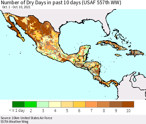 Mexico Central America and the Caribbean Number of Dry Days in past 10 days (USAF 557th WW) Thematic Map For 10/6/2021 - 10/10/2021
