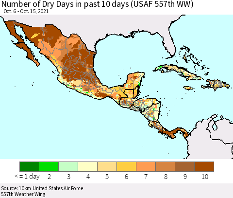 Mexico Central America and the Caribbean Number of Dry Days in past 10 days (USAF 557th WW) Thematic Map For 10/11/2021 - 10/15/2021