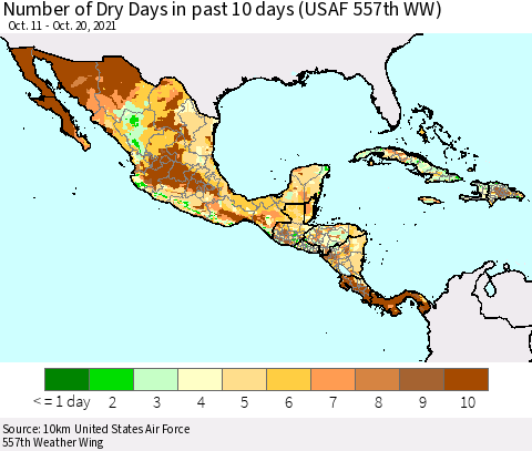 Mexico Central America and the Caribbean Number of Dry Days in past 10 days (USAF 557th WW) Thematic Map For 10/16/2021 - 10/20/2021