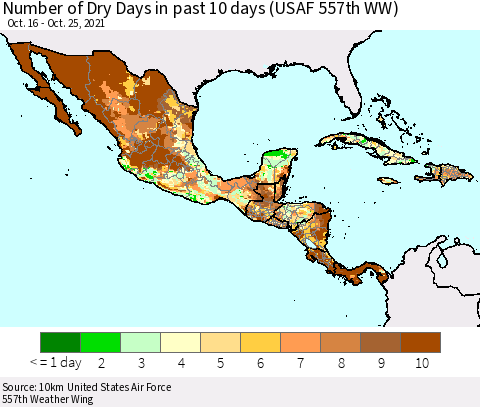 Mexico Central America and the Caribbean Number of Dry Days in past 10 days (USAF 557th WW) Thematic Map For 10/21/2021 - 10/25/2021