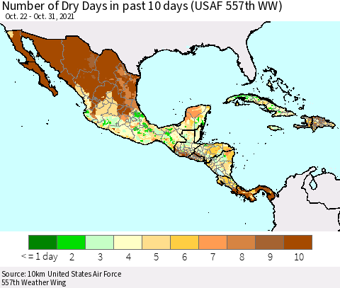 Mexico Central America and the Caribbean Number of Dry Days in past 10 days (USAF 557th WW) Thematic Map For 10/26/2021 - 10/31/2021