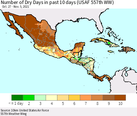 Mexico Central America and the Caribbean Number of Dry Days in past 10 days (USAF 557th WW) Thematic Map For 11/1/2021 - 11/5/2021