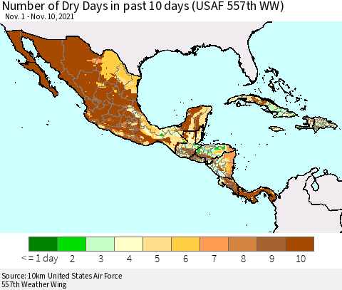 Mexico Central America and the Caribbean Number of Dry Days in past 10 days (USAF 557th WW) Thematic Map For 11/6/2021 - 11/10/2021