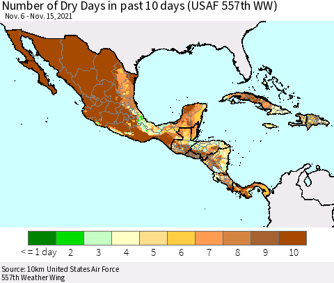 Mexico Central America and the Caribbean Number of Dry Days in past 10 days (USAF 557th WW) Thematic Map For 11/11/2021 - 11/15/2021