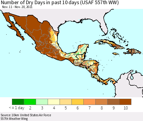 Mexico Central America and the Caribbean Number of Dry Days in past 10 days (USAF 557th WW) Thematic Map For 11/16/2021 - 11/20/2021