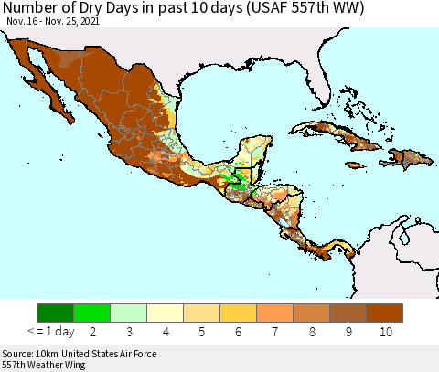 Mexico Central America and the Caribbean Number of Dry Days in past 10 days (USAF 557th WW) Thematic Map For 11/21/2021 - 11/25/2021
