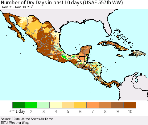Mexico Central America and the Caribbean Number of Dry Days in past 10 days (USAF 557th WW) Thematic Map For 11/26/2021 - 11/30/2021