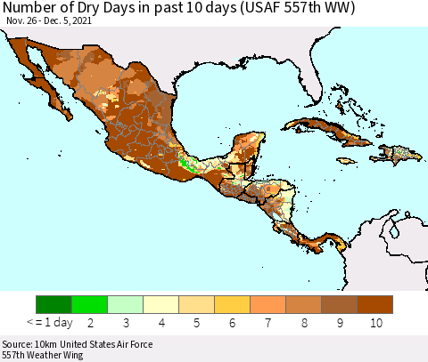 Mexico Central America and the Caribbean Number of Dry Days in past 10 days (USAF 557th WW) Thematic Map For 12/1/2021 - 12/5/2021