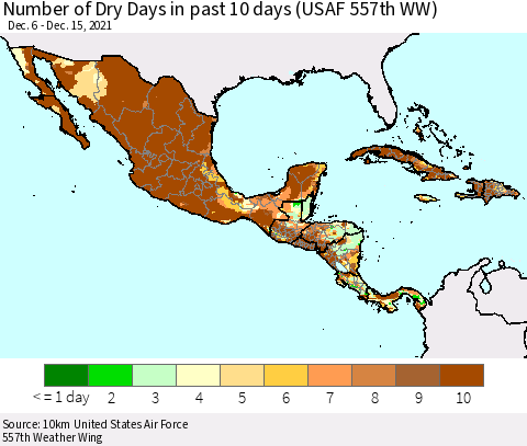 Mexico Central America and the Caribbean Number of Dry Days in past 10 days (USAF 557th WW) Thematic Map For 12/11/2021 - 12/15/2021
