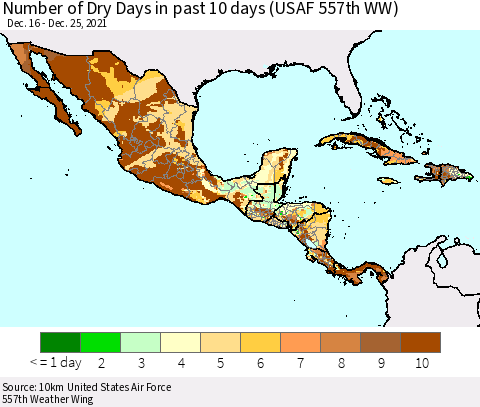 Mexico Central America and the Caribbean Number of Dry Days in past 10 days (USAF 557th WW) Thematic Map For 12/21/2021 - 12/25/2021