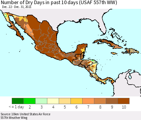 Mexico Central America and the Caribbean Number of Dry Days in past 10 days (USAF 557th WW) Thematic Map For 12/26/2021 - 12/31/2021