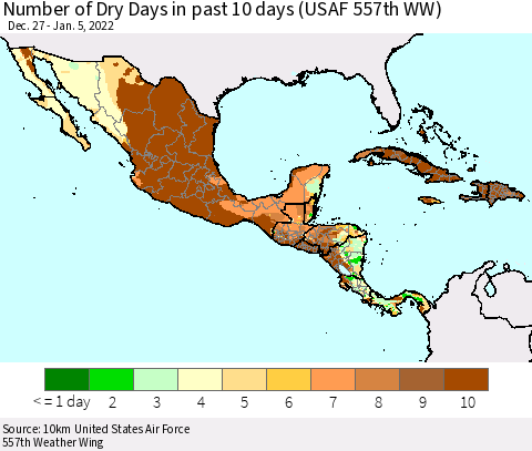 Mexico Central America and the Caribbean Number of Dry Days in past 10 days (USAF 557th WW) Thematic Map For 1/1/2022 - 1/5/2022