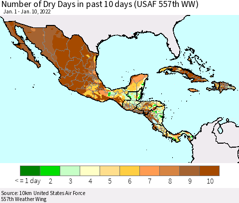 Mexico Central America and the Caribbean Number of Dry Days in past 10 days (USAF 557th WW) Thematic Map For 1/6/2022 - 1/10/2022