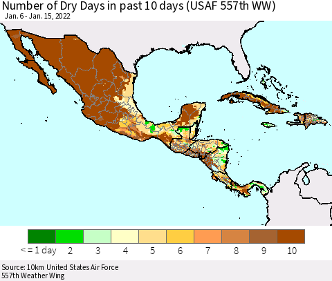 Mexico Central America and the Caribbean Number of Dry Days in past 10 days (USAF 557th WW) Thematic Map For 1/11/2022 - 1/15/2022