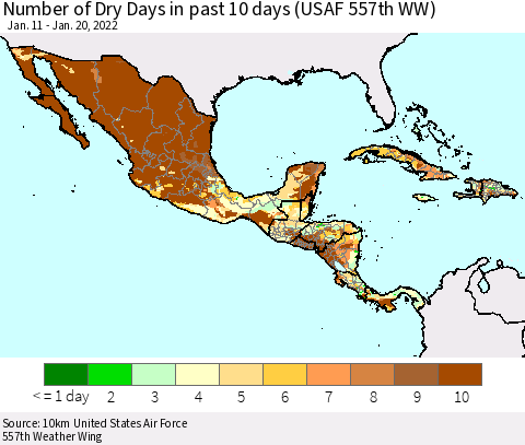 Mexico Central America and the Caribbean Number of Dry Days in past 10 days (USAF 557th WW) Thematic Map For 1/16/2022 - 1/20/2022