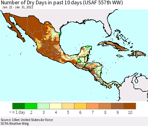 Mexico Central America and the Caribbean Number of Dry Days in past 10 days (USAF 557th WW) Thematic Map For 1/26/2022 - 1/31/2022