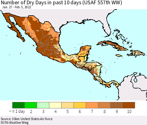 Mexico Central America and the Caribbean Number of Dry Days in past 10 days (USAF 557th WW) Thematic Map For 2/1/2022 - 2/5/2022