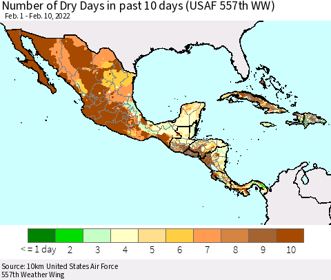 Mexico Central America and the Caribbean Number of Dry Days in past 10 days (USAF 557th WW) Thematic Map For 2/6/2022 - 2/10/2022