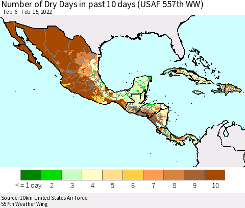 Mexico Central America and the Caribbean Number of Dry Days in past 10 days (USAF 557th WW) Thematic Map For 2/11/2022 - 2/15/2022