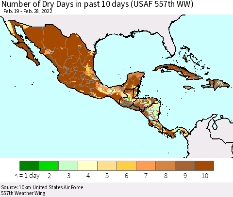 Mexico Central America and the Caribbean Number of Dry Days in past 10 days (USAF 557th WW) Thematic Map For 2/26/2022 - 2/28/2022