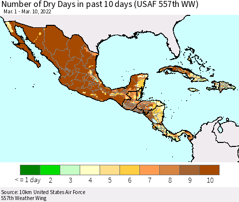 Mexico Central America and the Caribbean Number of Dry Days in past 10 days (USAF 557th WW) Thematic Map For 3/6/2022 - 3/10/2022