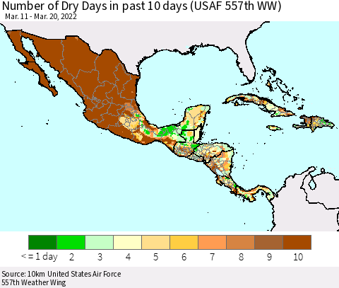 Mexico Central America and the Caribbean Number of Dry Days in past 10 days (USAF 557th WW) Thematic Map For 3/16/2022 - 3/20/2022