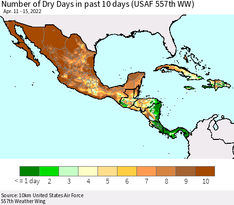 Mexico Central America and the Caribbean Number of Dry Days in past 10 days (USAF 557th WW) Thematic Map For 4/11/2022 - 4/15/2022