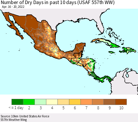 Mexico Central America and the Caribbean Number of Dry Days in past 10 days (USAF 557th WW) Thematic Map For 4/16/2022 - 4/20/2022