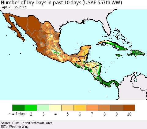 Mexico Central America and the Caribbean Number of Dry Days in past 10 days (USAF 557th WW) Thematic Map For 4/21/2022 - 4/25/2022