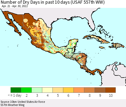 Mexico Central America and the Caribbean Number of Dry Days in past 10 days (USAF 557th WW) Thematic Map For 4/26/2022 - 4/30/2022