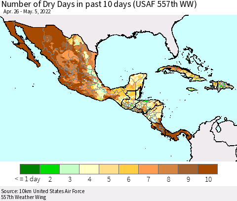 Mexico Central America and the Caribbean Number of Dry Days in past 10 days (USAF 557th WW) Thematic Map For 5/1/2022 - 5/5/2022