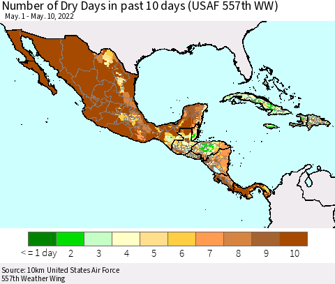 Mexico Central America and the Caribbean Number of Dry Days in past 10 days (USAF 557th WW) Thematic Map For 5/6/2022 - 5/10/2022