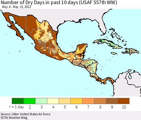 Mexico Central America and the Caribbean Number of Dry Days in past 10 days (USAF 557th WW) Thematic Map For 5/11/2022 - 5/15/2022