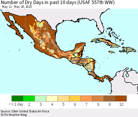 Mexico Central America and the Caribbean Number of Dry Days in past 10 days (USAF 557th WW) Thematic Map For 5/16/2022 - 5/20/2022