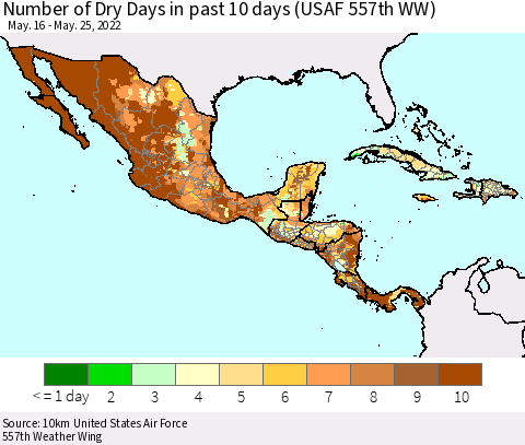 Mexico Central America and the Caribbean Number of Dry Days in past 10 days (USAF 557th WW) Thematic Map For 5/21/2022 - 5/25/2022