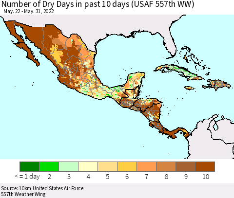 Mexico Central America and the Caribbean Number of Dry Days in past 10 days (USAF 557th WW) Thematic Map For 5/26/2022 - 5/31/2022