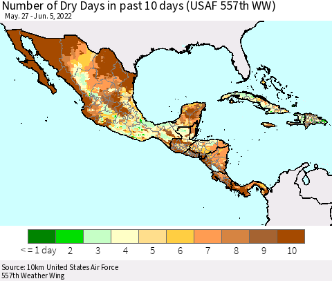 Mexico Central America and the Caribbean Number of Dry Days in past 10 days (USAF 557th WW) Thematic Map For 6/1/2022 - 6/5/2022