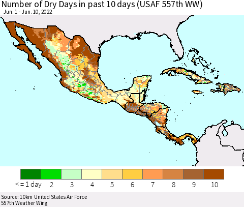 Mexico Central America and the Caribbean Number of Dry Days in past 10 days (USAF 557th WW) Thematic Map For 6/6/2022 - 6/10/2022