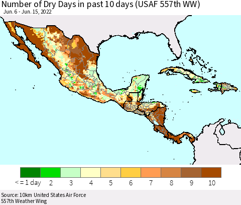 Mexico Central America and the Caribbean Number of Dry Days in past 10 days (USAF 557th WW) Thematic Map For 6/11/2022 - 6/15/2022