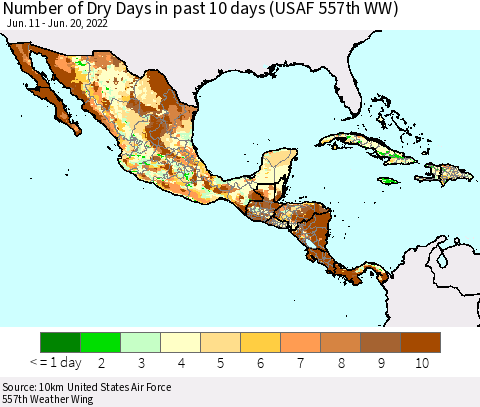 Mexico Central America and the Caribbean Number of Dry Days in past 10 days (USAF 557th WW) Thematic Map For 6/16/2022 - 6/20/2022