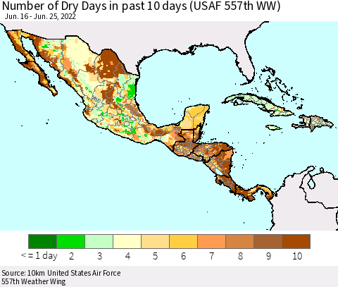 Mexico Central America and the Caribbean Number of Dry Days in past 10 days (USAF 557th WW) Thematic Map For 6/21/2022 - 6/25/2022