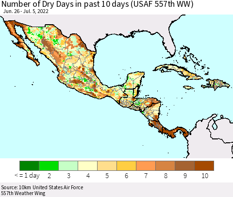 Mexico Central America and the Caribbean Number of Dry Days in past 10 days (USAF 557th WW) Thematic Map For 7/1/2022 - 7/5/2022
