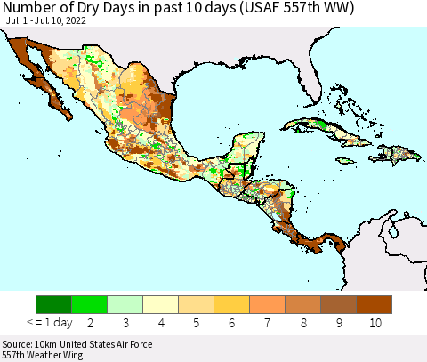 Mexico Central America and the Caribbean Number of Dry Days in past 10 days (USAF 557th WW) Thematic Map For 7/6/2022 - 7/10/2022