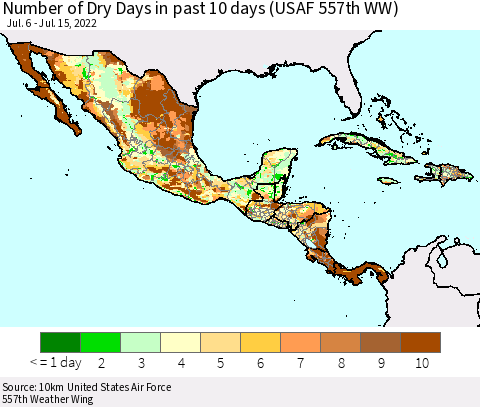 Mexico Central America and the Caribbean Number of Dry Days in past 10 days (USAF 557th WW) Thematic Map For 7/11/2022 - 7/15/2022