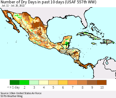 Mexico Central America and the Caribbean Number of Dry Days in past 10 days (USAF 557th WW) Thematic Map For 7/16/2022 - 7/20/2022