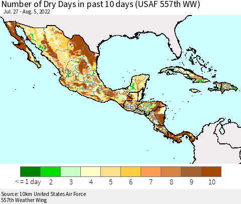 Mexico Central America and the Caribbean Number of Dry Days in past 10 days (USAF 557th WW) Thematic Map For 8/1/2022 - 8/5/2022