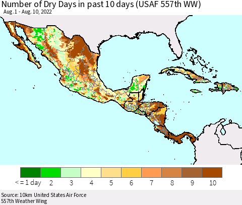 Mexico Central America and the Caribbean Number of Dry Days in past 10 days (USAF 557th WW) Thematic Map For 8/6/2022 - 8/10/2022