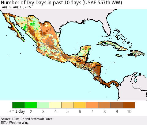 Mexico Central America and the Caribbean Number of Dry Days in past 10 days (USAF 557th WW) Thematic Map For 8/11/2022 - 8/15/2022