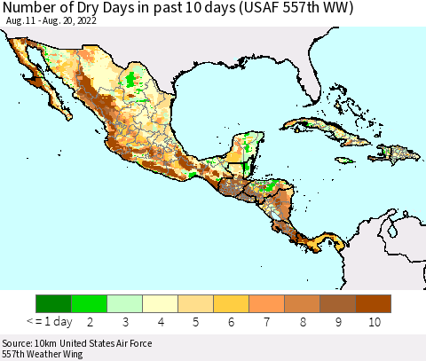 Mexico Central America and the Caribbean Number of Dry Days in past 10 days (USAF 557th WW) Thematic Map For 8/16/2022 - 8/20/2022