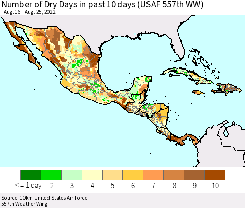 Mexico Central America and the Caribbean Number of Dry Days in past 10 days (USAF 557th WW) Thematic Map For 8/21/2022 - 8/25/2022